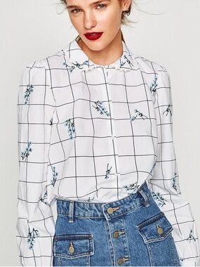 Zara White Grid Blouse with Blue Floral Embroidery Flowers